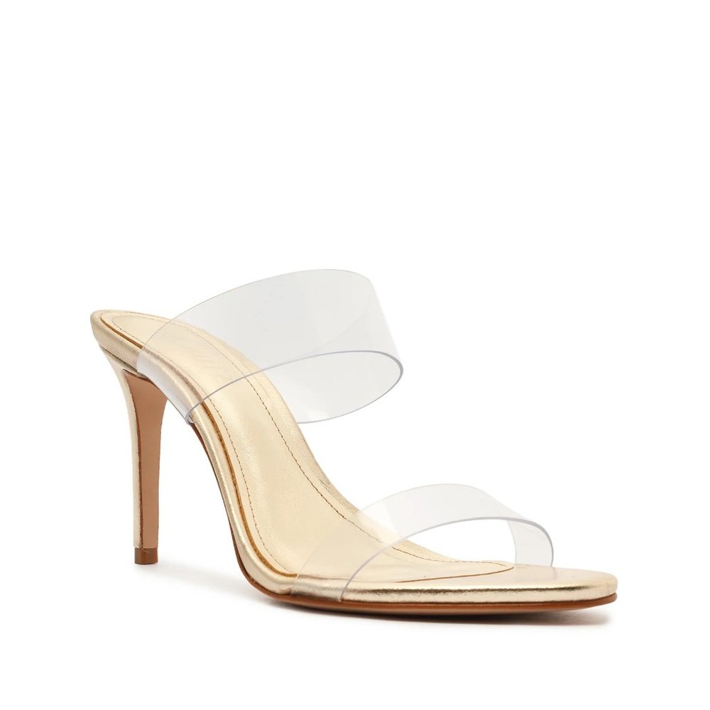 SCHUTZ Ariella Vinyl Sandal / 7.5 / Gold / Vinyl